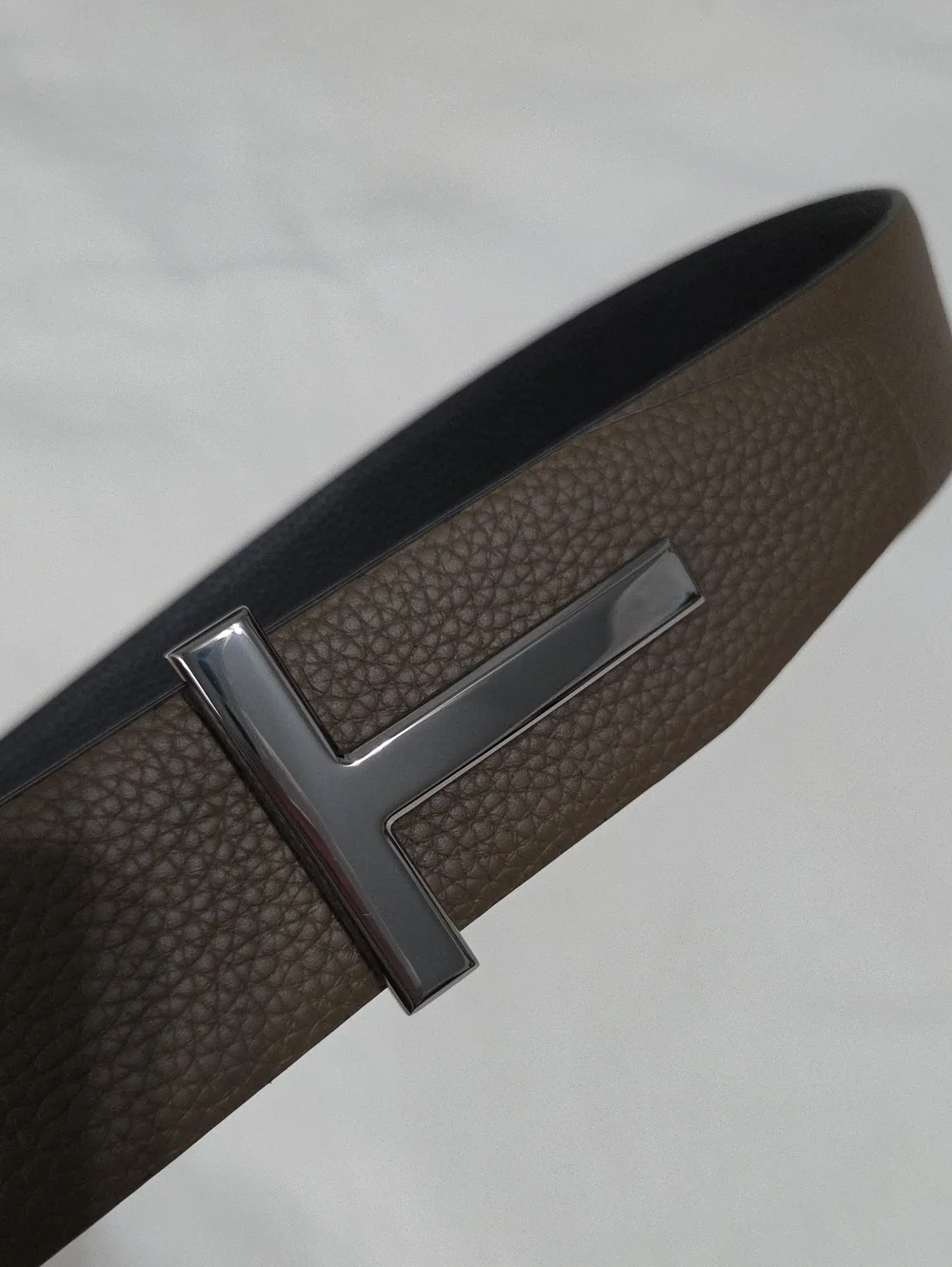 Tom Ford Black Brown Leather Belt with Black Chrome T Buckle